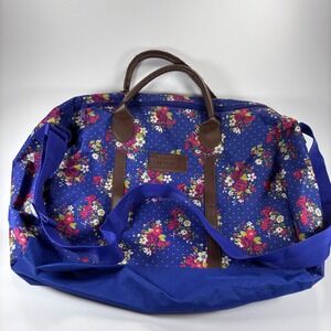 CyZone Women's Floral Duffle‎ Bag Blue Canvas Pink Rose Print Travel Tote
